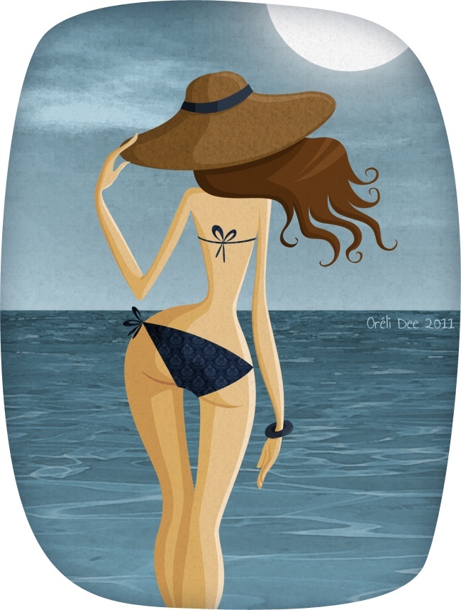 fille à chapeau de dos, en bikini sur la plage