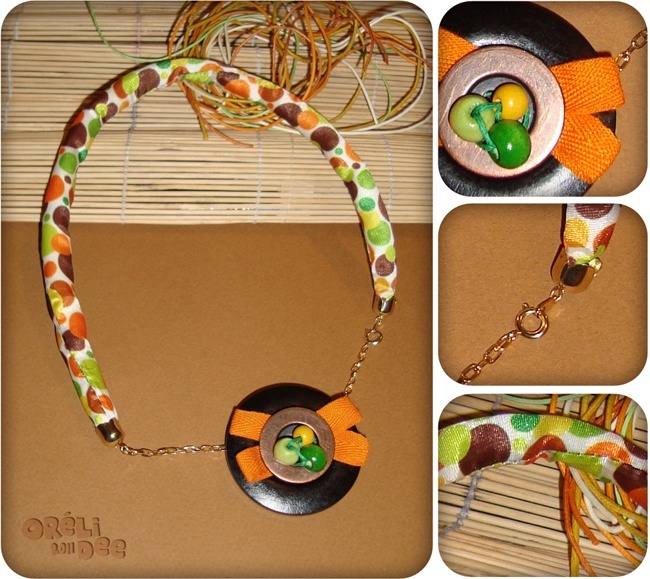 collier et pendentif rubans à pois orange et vert