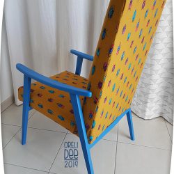 fauteuil scandinave jaune bleu tissus coléoptère dos