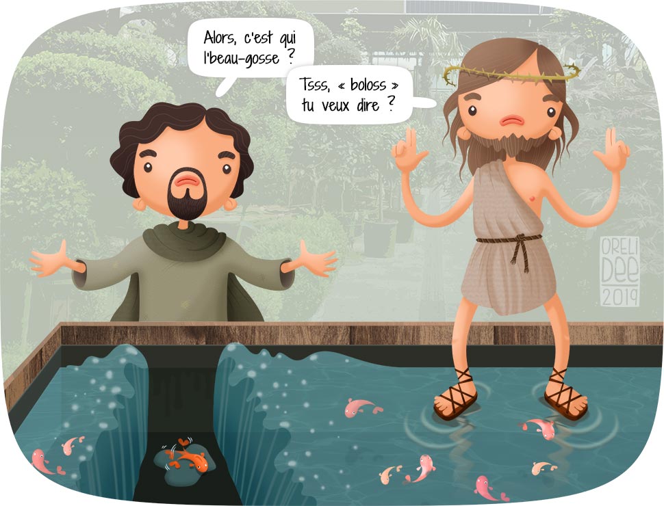 Moïse et Jésus se la pètent dans une jardinerie, à coup de "je marche sur l'eau, t'as vu" et de "moi j'écarte la mer en deux, frère !"